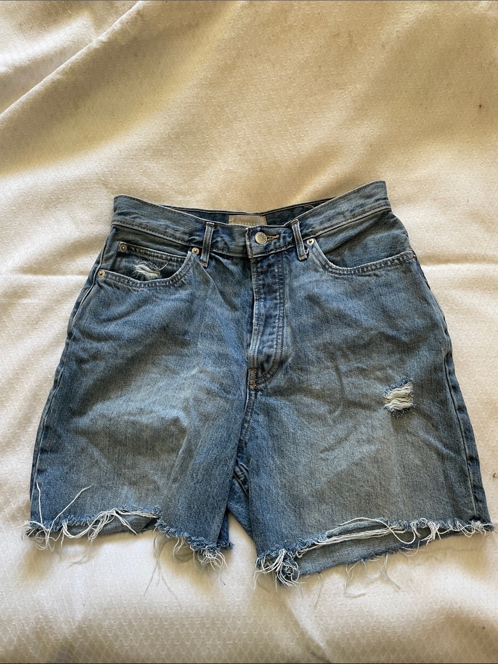 Everlane Frayed High-Rise Blue Denim Shorts
